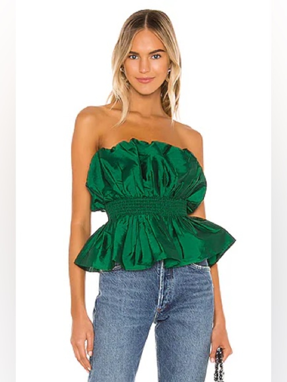 Majorelle NWT Natasia Strapless Green Peplum Top with Smocked Waist. Size Small